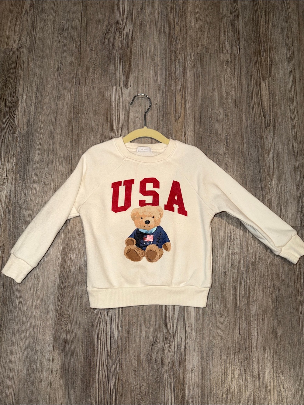 Cream Kids Sweatshirt with Teddy and USA Lettering